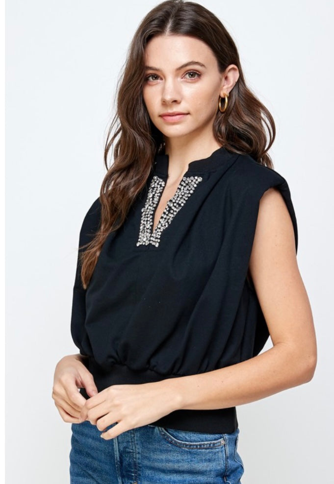 Sleeveless Jewel Detail Waist Band Top