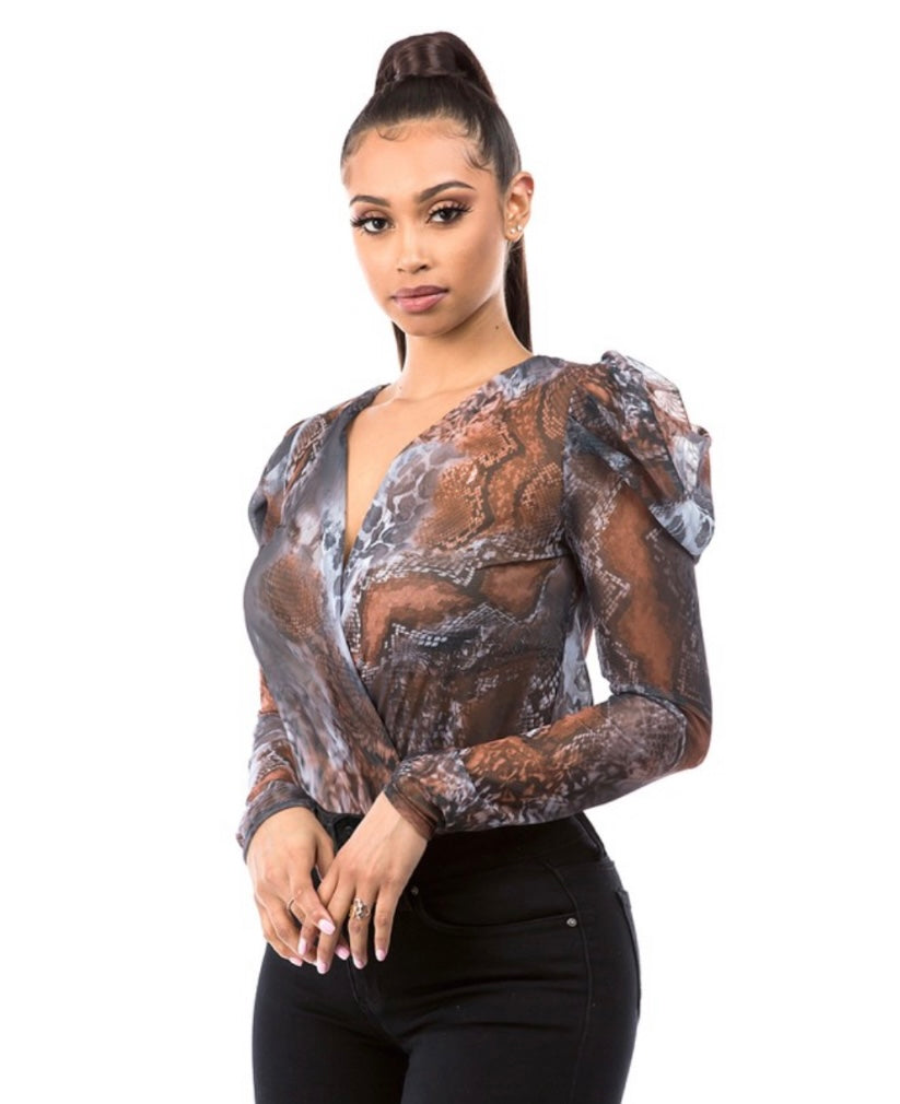 Sheer Mesh & Snake Print Bodysuit