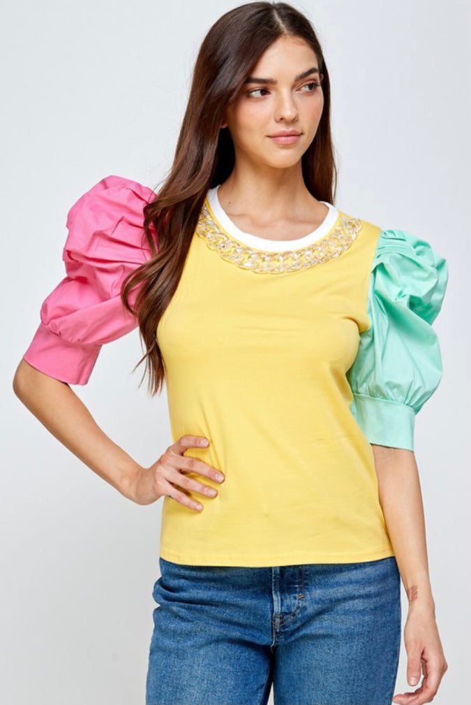 Color Block Puffed Sleeves Top