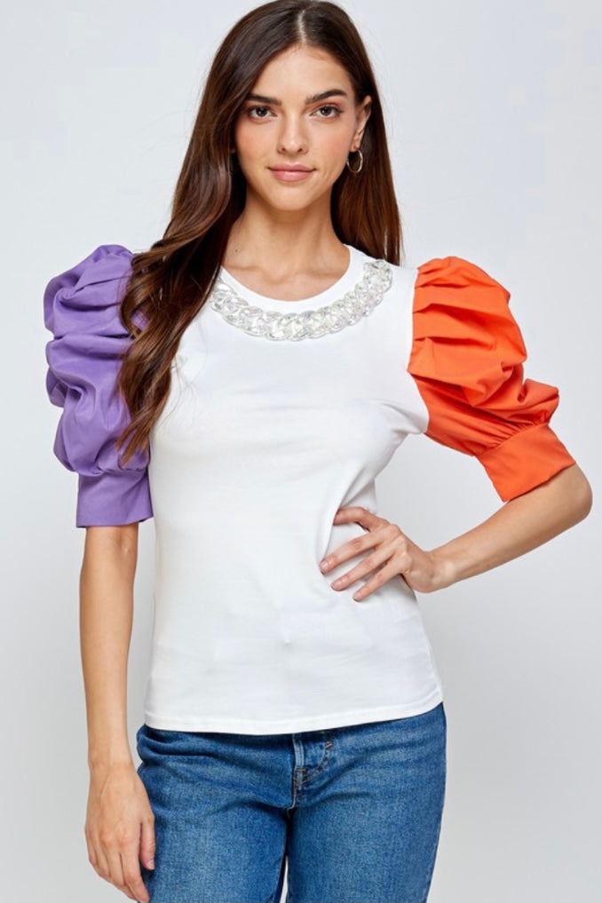 Color Block Puffed Sleeves Top