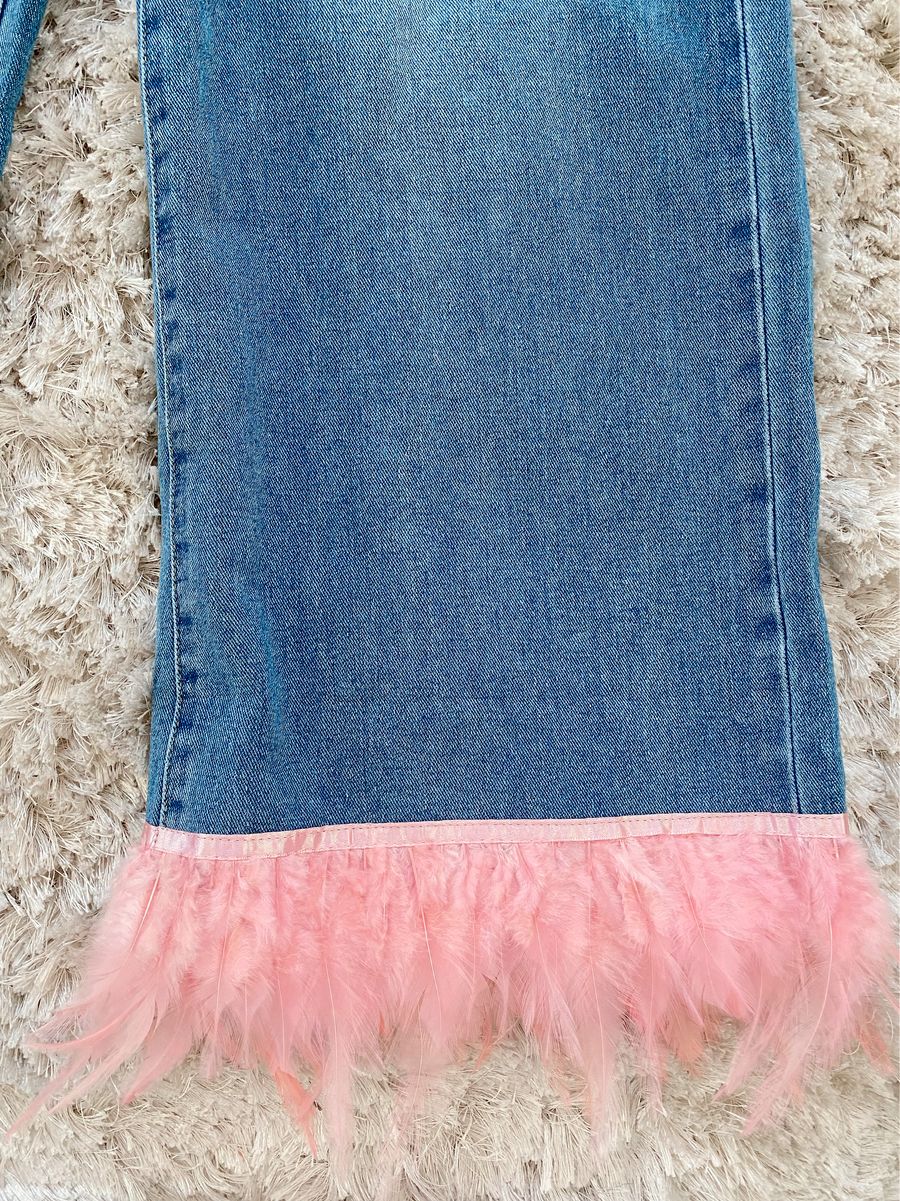 Pink Feather Trim Jeans