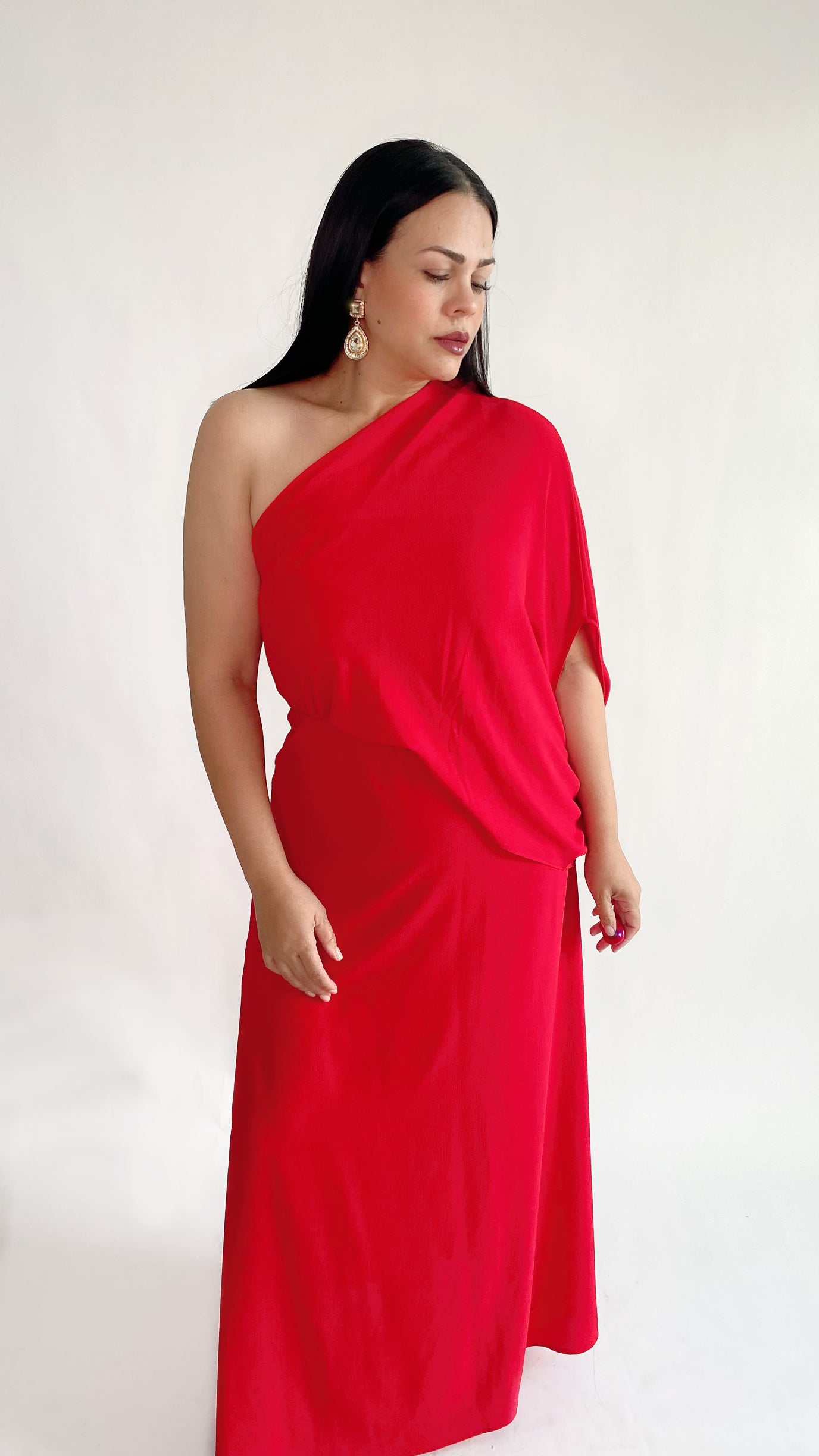 Red Slouchy One shoulder Maxi Dress