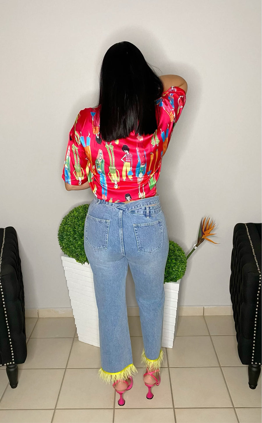 Yellow Feather Trim Straight Leg Jeans