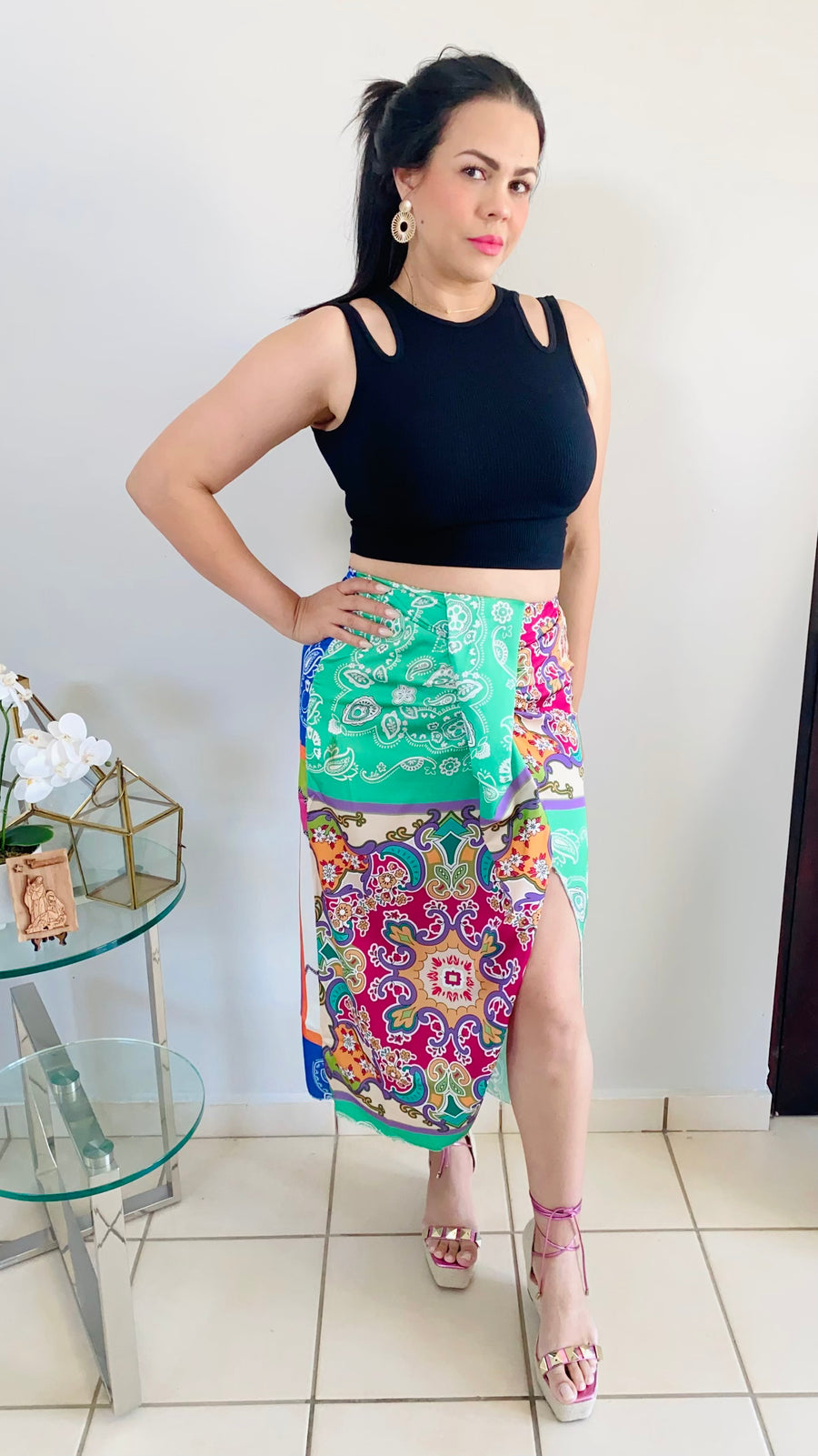 Asymmetrical Floral Print Midi Skirt