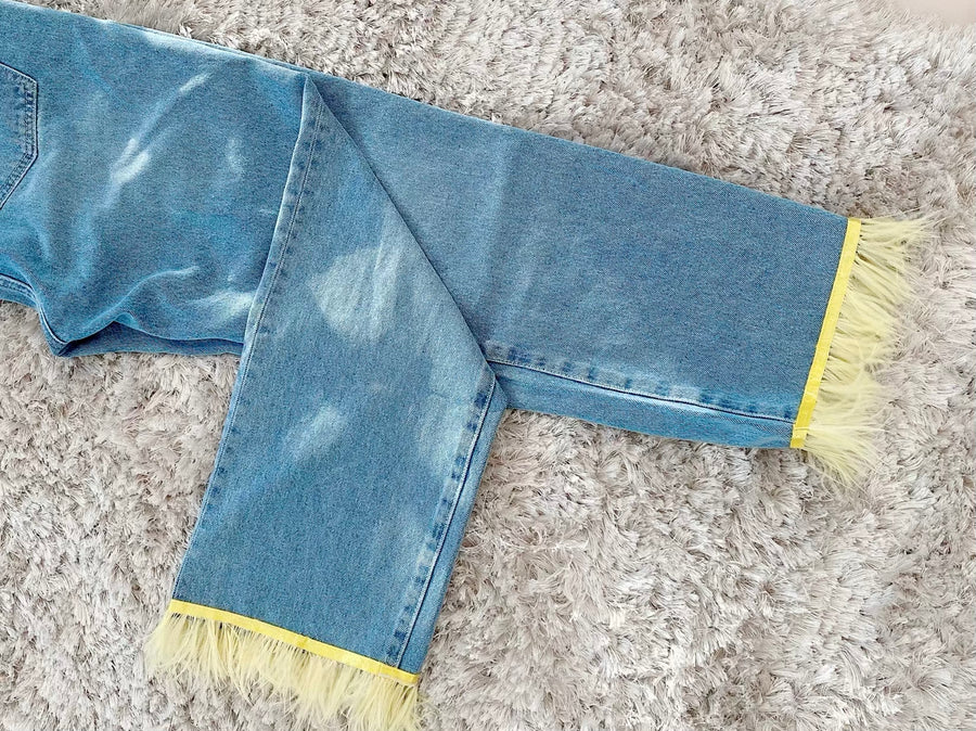 Yellow Feather Trim Straight Leg Jeans