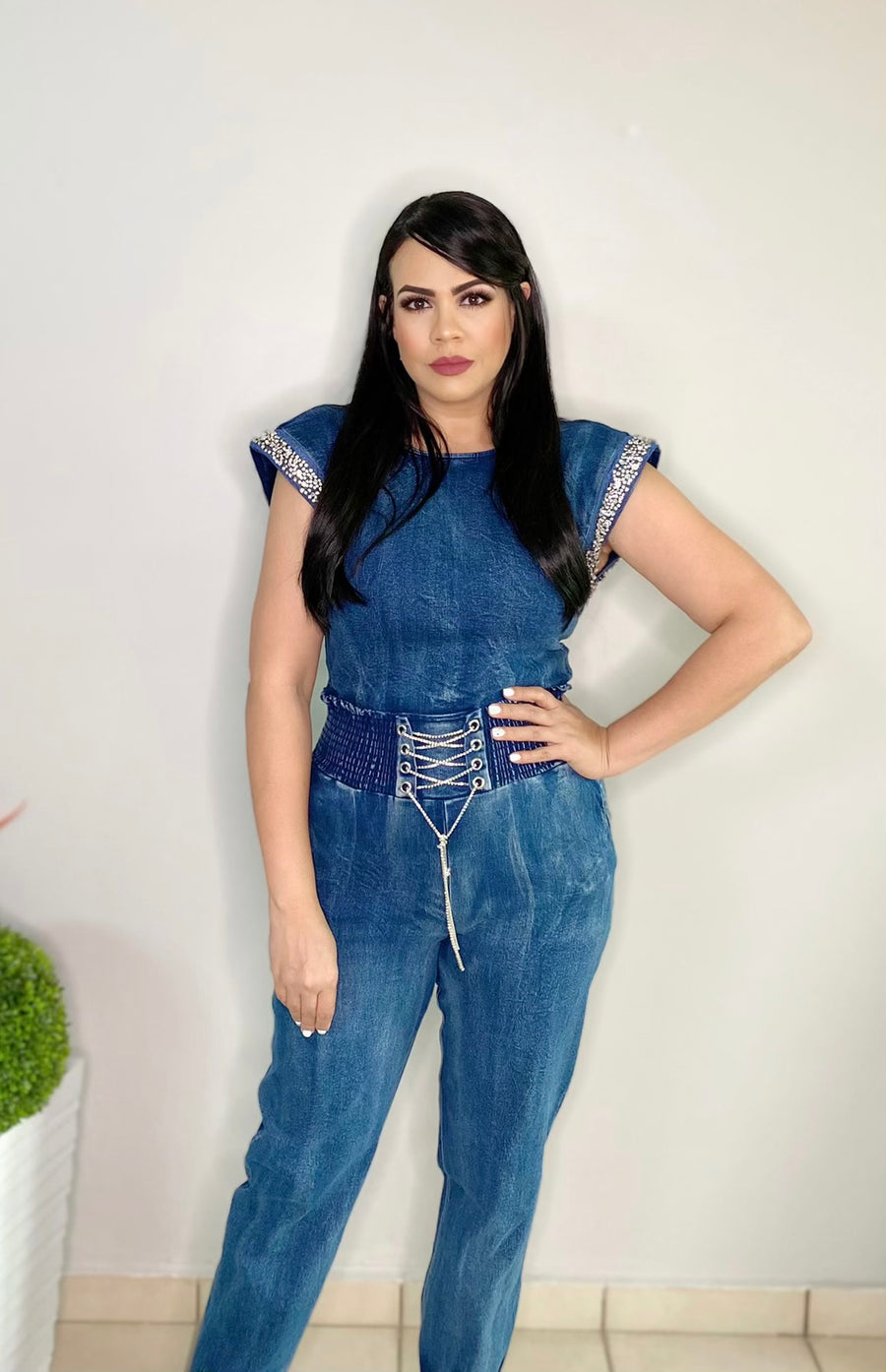 Jewel Detail Denim Jumpsuit