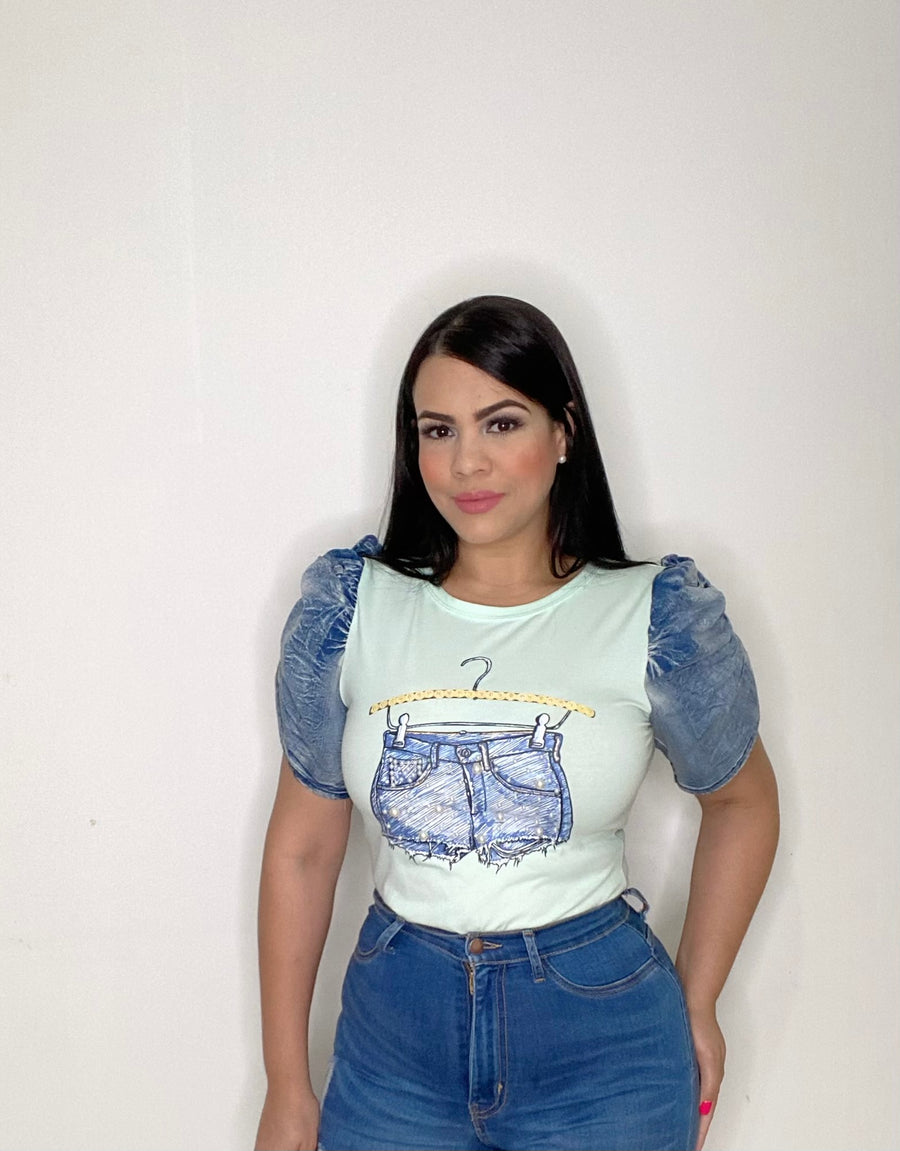 Denim Short Print Top