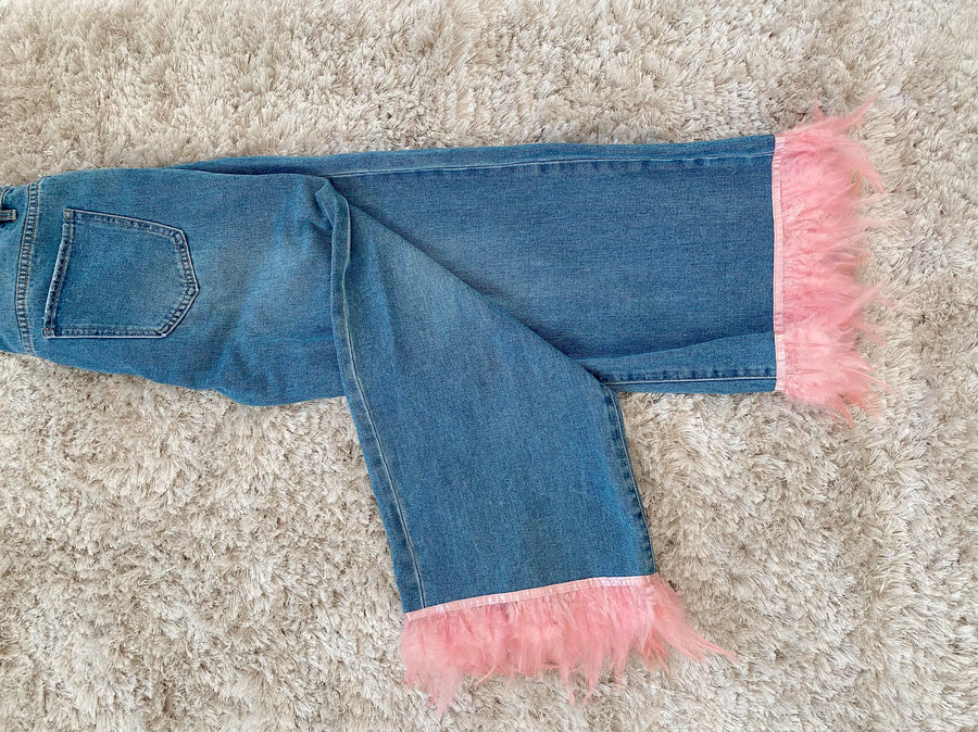 Pink Feather Trim Jeans