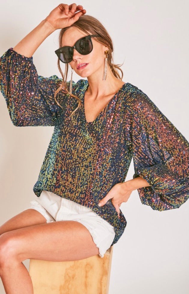 V-Neck Balloon Sleeves Sequin Top