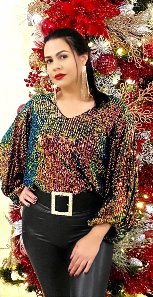 V-Neck Balloon Sleeves Sequin Top