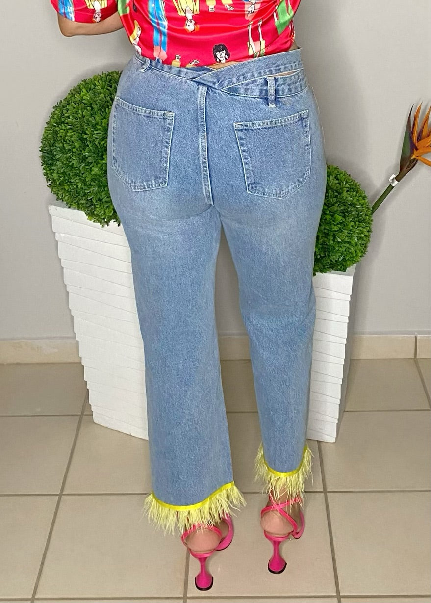 Yellow Feather Trim Straight Leg Jeans