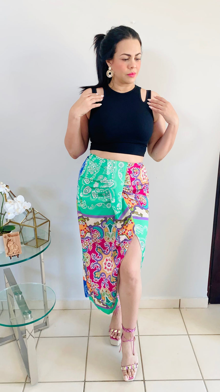 Asymmetrical Floral Print Midi Skirt