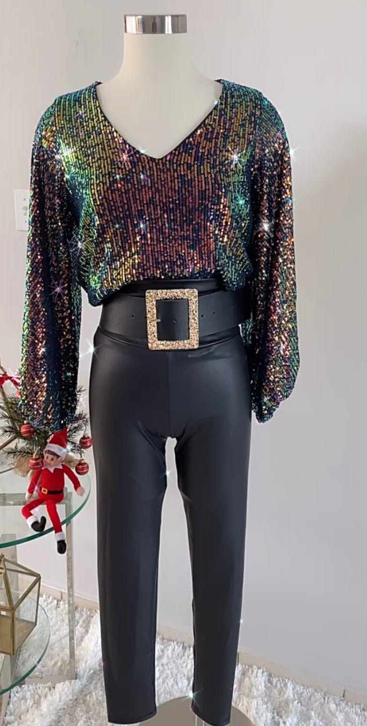 V-Neck Balloon Sleeves Sequin Top