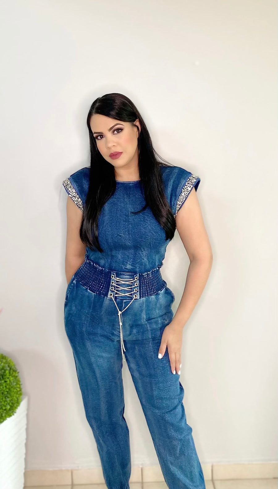 Jewel Detail Denim Jumpsuit