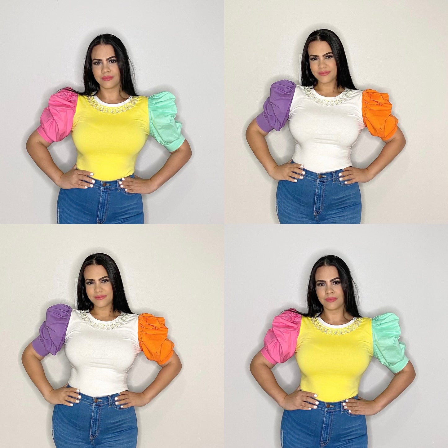 Color Block Puffed Sleeves Top