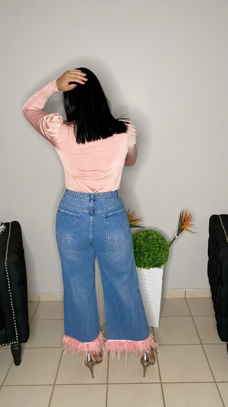 Pink Feather Trim Jeans