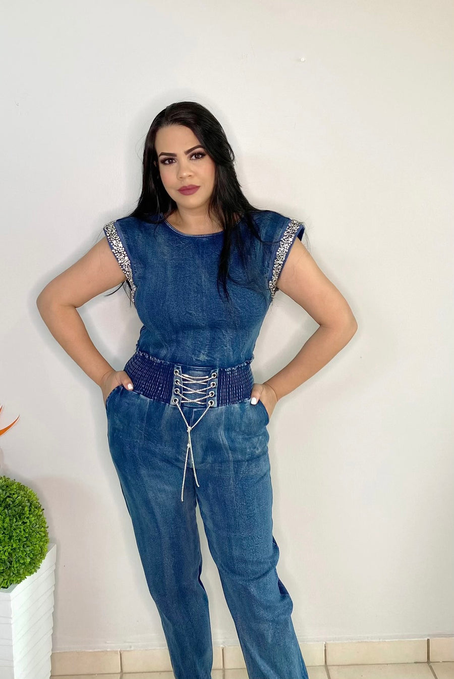 Jewel Detail Denim Jumpsuit